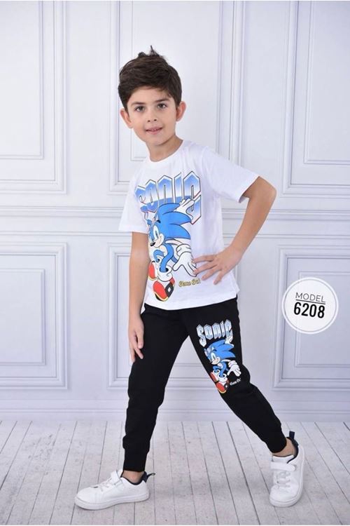 PJKKE Sonic Desenli Beyaz Eşofmanlı Erkek Çocuk Kısa Kol Takım 3-10 Yaş 6208-B