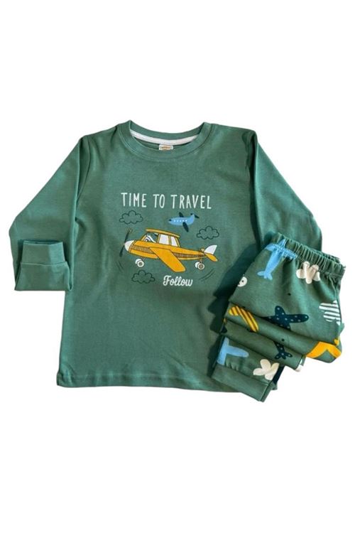 1+1ELMP Uçak Desen %100 Pamuk Erkek Çocuk Pijama Takımı 1-2 Yaş 02230