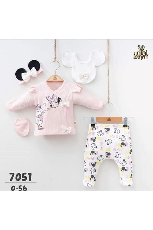Daisy Minnie Mause Desenli %100 Pamuk 5 Parça Hastane Çıkışı Seti Pembe 7051-P