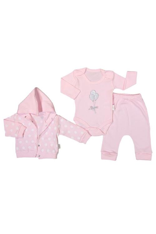 Balonlu 3lü Kız Bebek Takım %100 Pamuk Pembe 1206-P