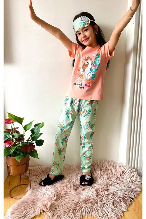 Unicorn Desenli Somon Kız Çocuk Kısa Kol Pijama Takımı 4-12 Yaş 543