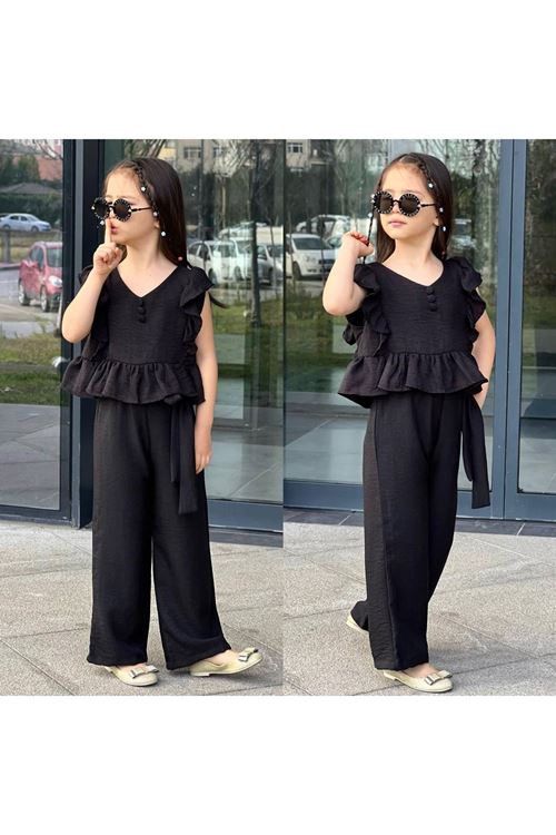 Keten Crop ve Pantolonlu Kız Takım Siyah 3-10 Yaş 507-S