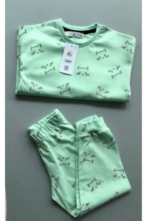 İSOB Su yeşili Kedicik Desenli %100 Pamuk Kız Çocuk Pijama Takımı 3-8 Yaş 21437-SY
