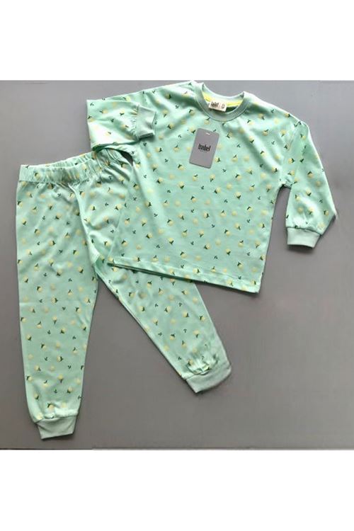 İSOB Mint Çiçek Desenli %100 Pamuk Kız Çocuk Pijama Takımı 7-12 Yaş 25402-M