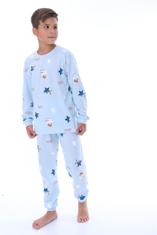 İSOB Mavi Yıldız Desenli %100 Pamuk Erkek Çocuk Pijama Takımı 8-13 Yaş 36209-M