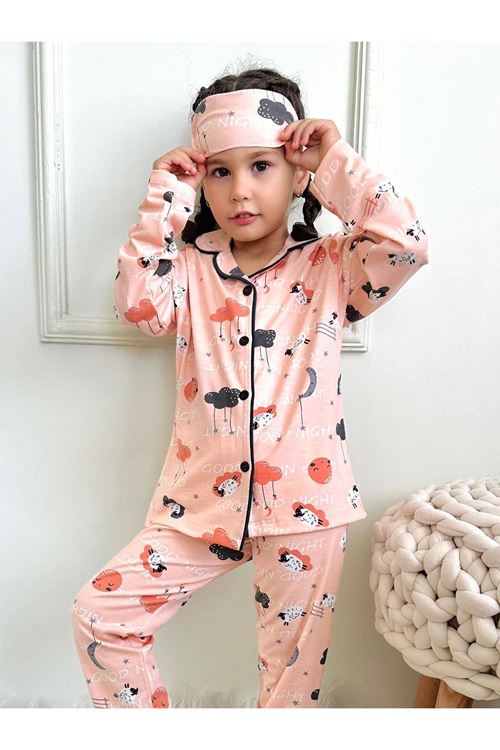 PJKÖ Bulut Desenli Somon Uzun Kollu Önden Düğmeli Kız Çocuk Pijama Takımı 4-12 Yaş 714U