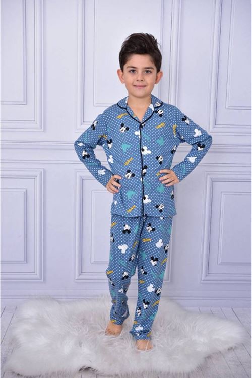 PJKÖ Mickey Desenli Mavi Uzun Kollu Önden Düğmeli Erkek Çocuk Pijama Takımı 4-12 Yaş 708U