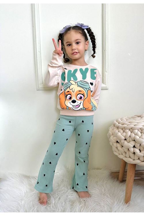 2PJK2İ Paw Petrol Desenli Yeşil Fitilli Taytlı 2 İp %100 Pamuk Kız Çocuk Takımı 3-10 Yaş 7214-Y