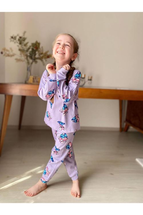 İSOB Lila Stitch Desenli Fitilli Kumaş %100 Pamuk Kız Çocuk Pijama Takımı 3-8 Yaş 31220-L