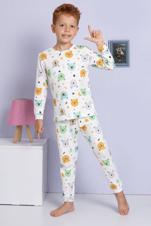 ELMP Ekru Ayıcık Desenli %100 Pamuk Erkek Çocuk Pijama Takımı 1-13 Yaş 3056