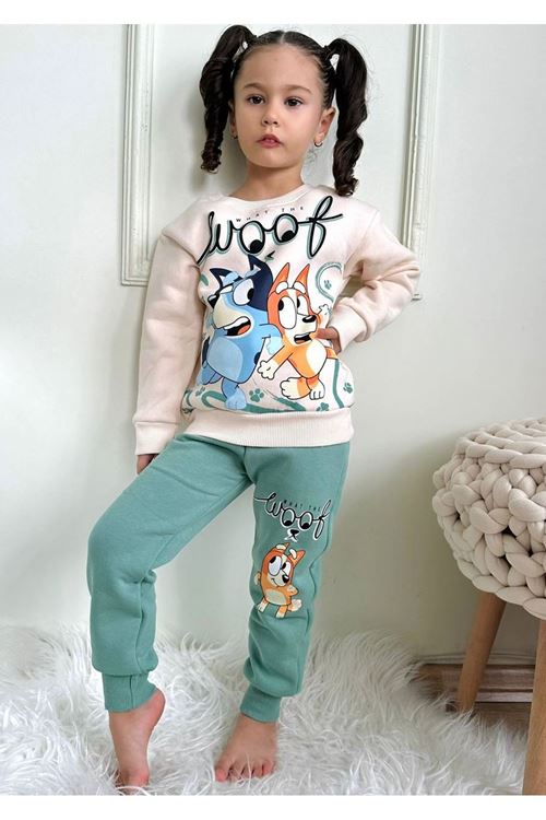 PJK3İ Bluey Woof Desenli Yeşil 3 İp Şardonlu %100 Pamuk Kız Çocuk Eşofman Takımı 3-10 Yaş 7346-Y