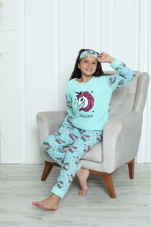 MİNİM Mavi Unicorn Polar Kız Çocuk Pijama Takımı 5-16 Yaş 7005-M