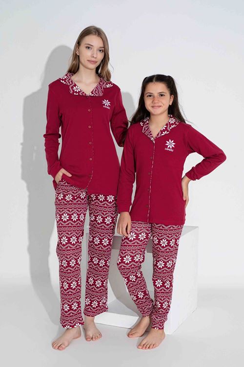 TARP Bordo Kar Taneli İnterlok Önden Düğmeli Anne Pijama Takımı 6410-B
