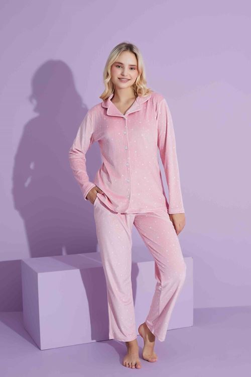 TARP Pembe Kadife Önden Düğmeli Anne Pijama Takımı 6425-P