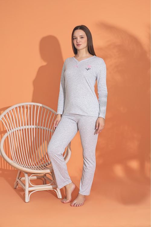 MLALE Bej İnce Fitilli Raporlu İnterlok Bayan Pijama Takımı 3240