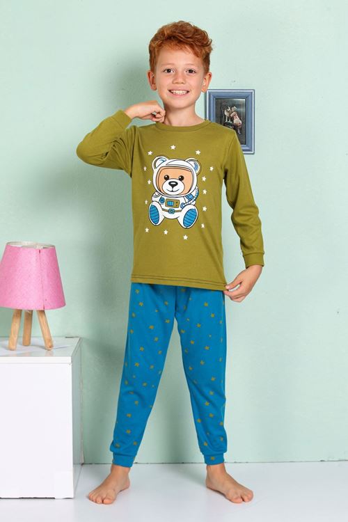 ELMP Yeşil Astronot Ayıcık Desenli %100 Pamuk Erkek Çocuk Pijama Takımı 1-13 Yaş 3061