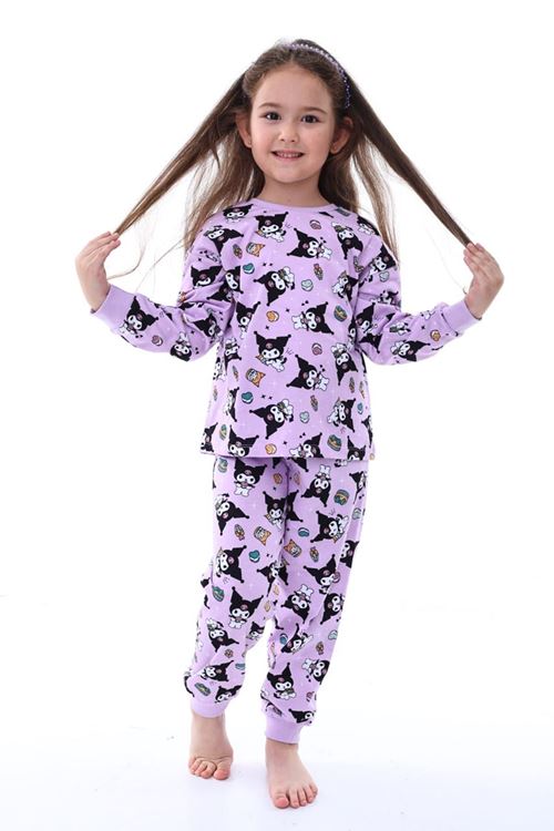İSOB Lila Kuromi Desenli %100 Pamuk Kız Çocuk Pijama Takımı 3-8 Yaş 31228-L