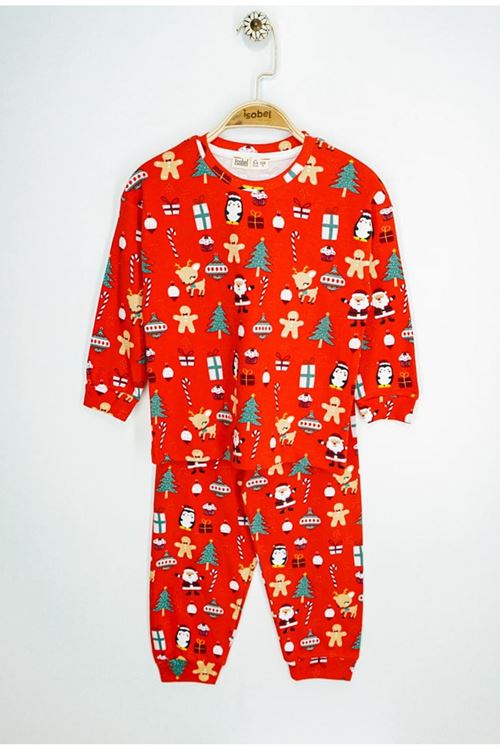İSOB Kırmızı Yeni Yıl Desenli %100 Pamuk Kız ve Erkek Çocuk Pijama Takımı 3-13 Yaş 31226-K
