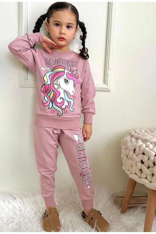 PJK2İ Unicorn Desenli Gül Kurusu 2 İp %100 Pamuk Kız Çocuk Eşofman Takımı 3-10 Yaş 7447-GK