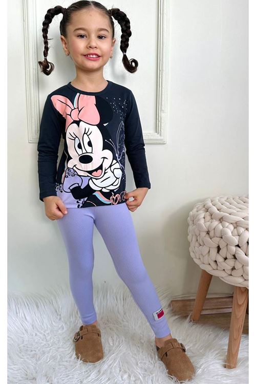 PJKT Minnie Mause Desenli Siyah Lila Penyeli Taytlı Kız Çocuk Takımı 3-10 Yaş 7499-L