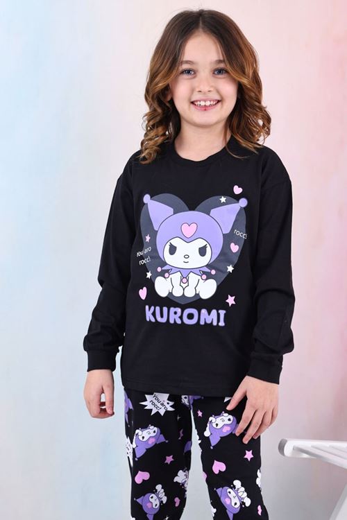İSOB Siyah Kuromi Desenli %100 Pamuk Kız Çocuk Pijama Takımı 3-13 Yaş 41203-41402-S