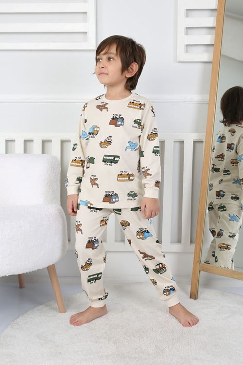 İSOB Bej Taşıtlar Desenli %100 Pamuk Erkek Çocuk Pijama Takımı 3-8 Yaş 32231-B