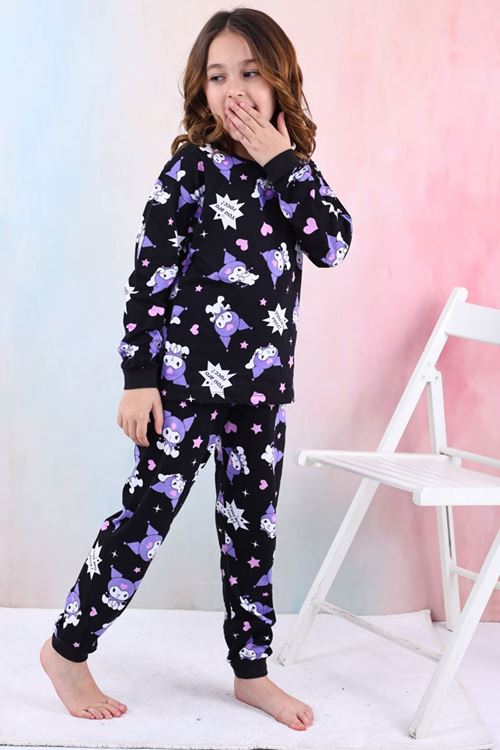 İSOB Siyah Kuromi Desenli %100 Pamuk Kız Çocuk Pijama Takımı 3-13 Yaş 41204-41403-S