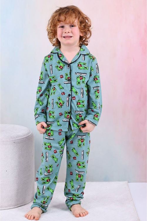 PJKÖ Minec Desenli Yeşil Uzun Kollu Önden Düğmeli Erkek Çocuk Pijama Takımı 4-12 Yaş 604U