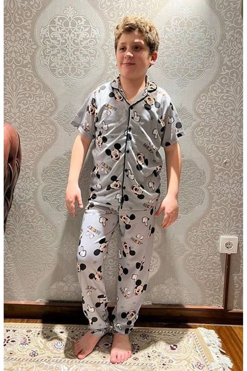 PJKÖ Mickey Desenli Gri Kısa Kollu Önden Düğmeli Erkek Çocuk Pijama Takımı 4-12 Yaş 703K