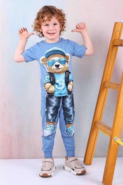 PJKKE Ayıcık Desenli Mavi Eşofmanlı Erkek Çocuk Kısa Kol Takım 3-10 Yaş 7491-M