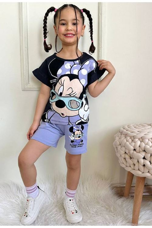 PJKSKT Minnie Mause Desenli Lila Şortlu Kız Çocuk Kısa Kol Takım 7551-L