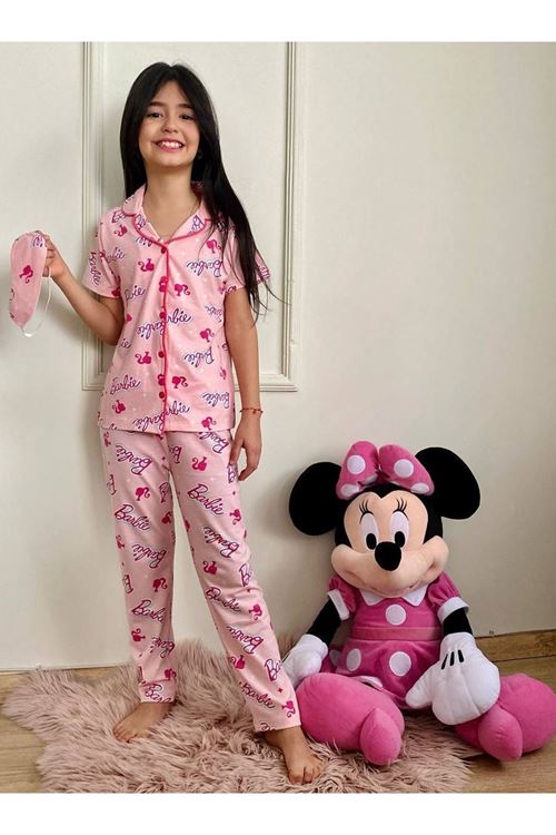 PJKÖ Barbie Desenli Pembe Kısa Kollu Önden Düğmeli Kız Çocuk Pijama Takımı 4-12 Yaş 592K