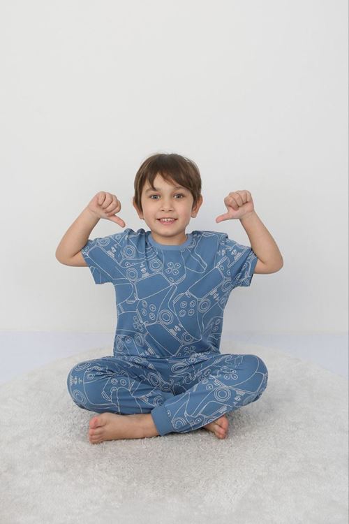 İSOB Mavi Atary Desenli %100 Pamuk Erkek Çocuk Kısa Kollu Pijama Takımı 3-8 Yaş 41306-M