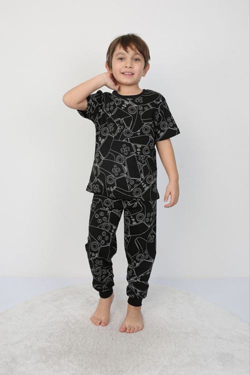 İSOB Siyah Atary Desenli %100 Pamuk Erkek Çocuk Kısa Kollu Pijama Takımı 3-8 Yaş 41306-S