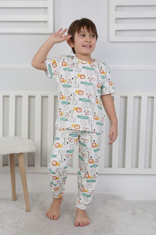 İSOB Ekru Hayvanlar Alemi Desenli %100 Pamuk Erkek Çocuk Kısa Kollu Pijama Takımı 3-8 Yaş 41313-E