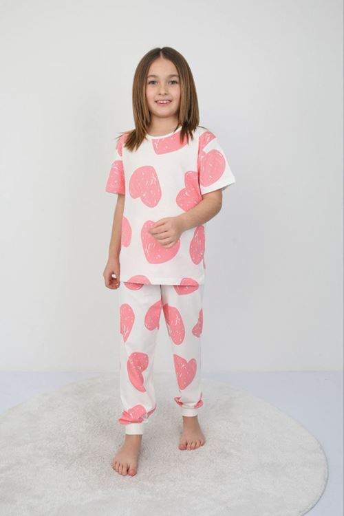 İSOB Pembe Kalp Desenli %100 Pamuk Kız Çocuk Kısa Kollu Pijama Takımı 3-8 Yaş 41202-P