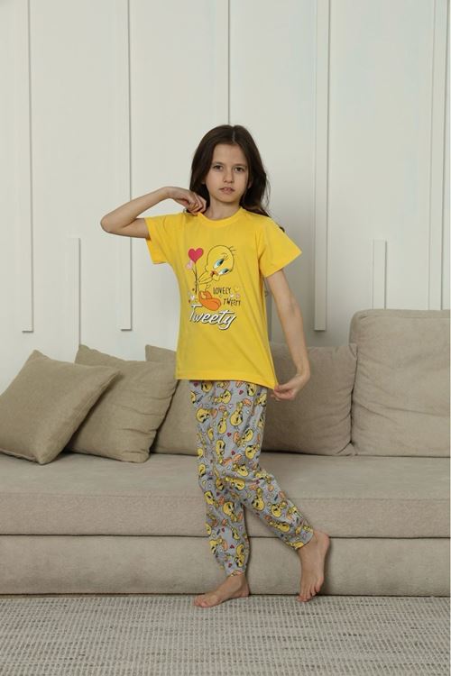 KAPİP Sarı Tweety Baskılı Kısa Kollu Kız Çocuk Pijama Takımı 11-15 Yaş 8049-S