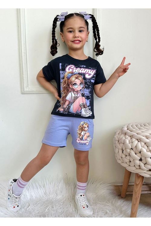 PJKSKT Creamy Desenli Lila Şortlu Kız Çocuk Kısa Kol Takım 7549-L