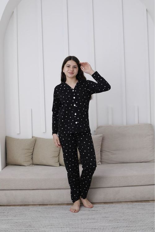 KAPİP Siyah Önden Düğmeli Uzun Kollu Kız Çocuk Pijama Takımı 10-15 Yaş 59119-S