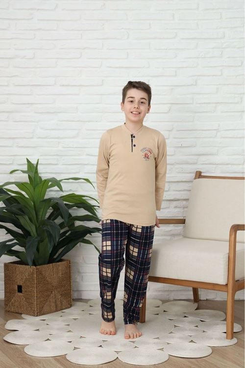 KAPİP Bej Break Limite Baskılı Uzun Kollu Erkek Çocuk Pijama Takımı 10-15 Yaş 0026-B