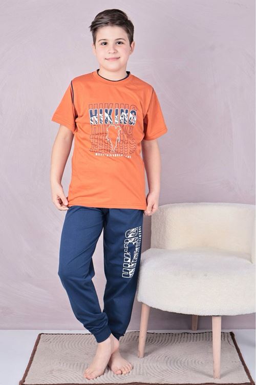 KAPİP Turuncu Hıkıng Baskılı Kısa Kollu Erkek Çocuk Pijama Takımı 11-15 Yaş 7025-T