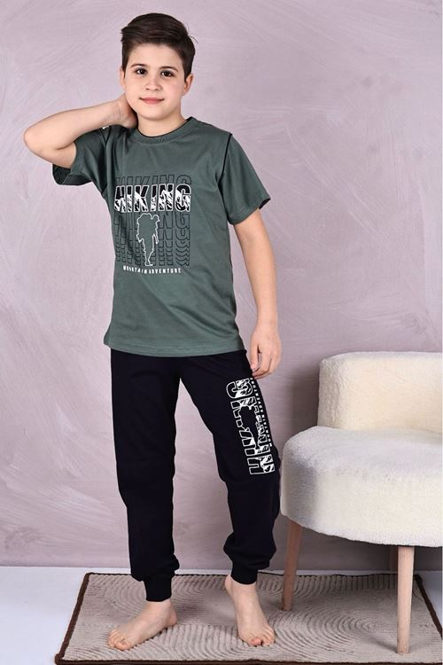 KAPİP Haki Hıkıng Baskılı Kısa Kollu Erkek Çocuk Pijama Takımı 11-15 Yaş 7025-H