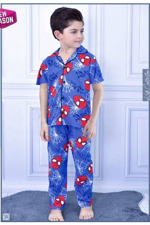 PJKÖ Örümcek Adam Desenli Mavi Kısa Kollu Önden Düğmeli Erkek Çocuk Pijama Takımı 4-12 Yaş 709K