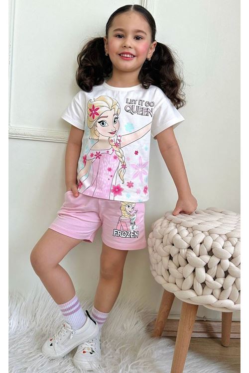 PJKSKT Frouzen Elsa Desenli Pembe Şortlu Kız Çocuk Kısa Kol Takım 7560-P