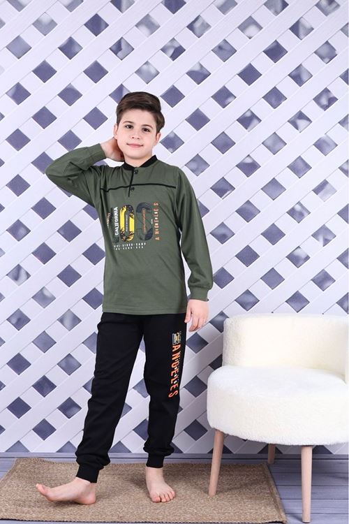 KAPİP Haki California Baskılı Uzun Kollu Erkek Çocuk Pijama Takımı 11-15 Yaş 7023-H