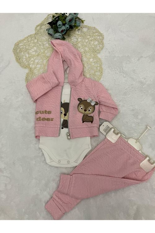 %100 Pamuk Pembe Minik Geyik Desenli 3 Parça Kız Çocuk Takım 6796-P