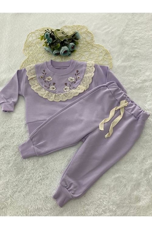 %100 Pamuk Lila Çiçek Kabartma Baskılı Kız Takım 6-24 Ay 1088-L