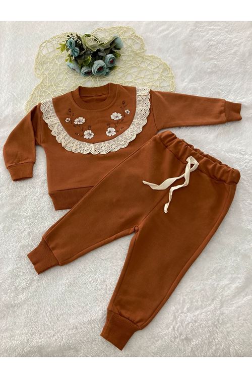 %100 Pamuk Kremit Çiçek Kabartma Baskılı Kız Takım 6-24 Ay 1088-Kİ