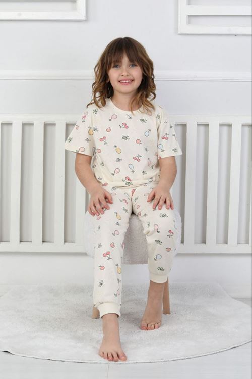 İSOB Ekru Meyve Desenli %100 Pamuk Kız Çocuk Kısa Kollu Pijama Takımı 3-8 Yaş 41208-E