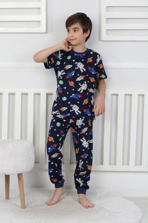 İSOB Lacivert Uzay Desenli %100 Pamuk Erkek Çocuk Kısa Kollu Pijama Takımı 8-13 Yaş 41508-L